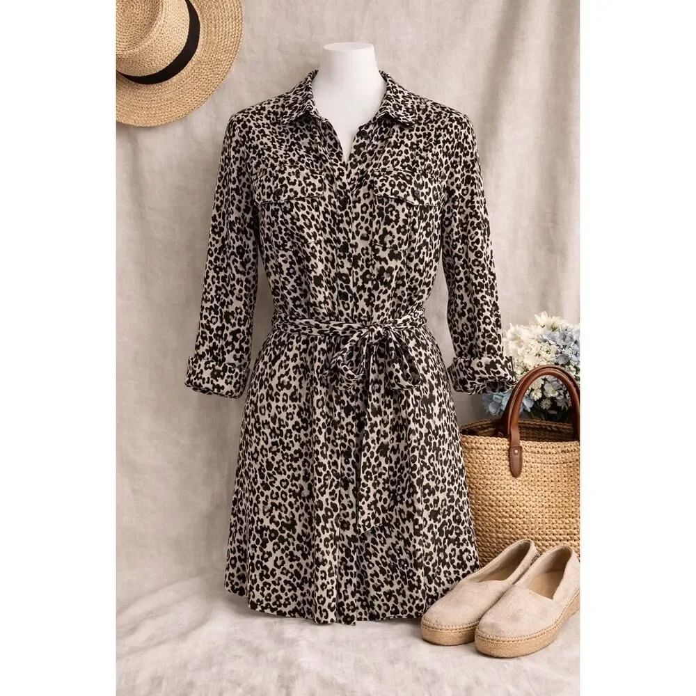 Cloth & Stone Leopard Print Shirt Dress Belted Button Front Small Chic Flowy